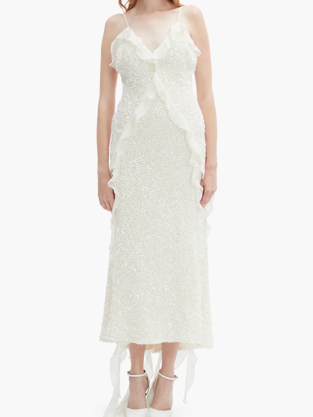 Bardot White Sequin Slip Midi Dress with Ruffle Trim